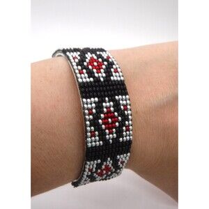 Loom Beaded Bracelet Cuff Black, Silver & Red